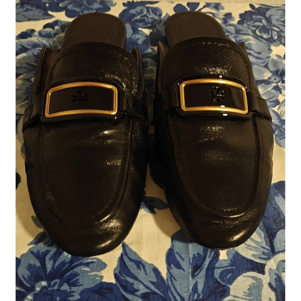 Tory Burch Georgia Backless Loafer Flats Mules Black Gold Logo Sz 10.5 M